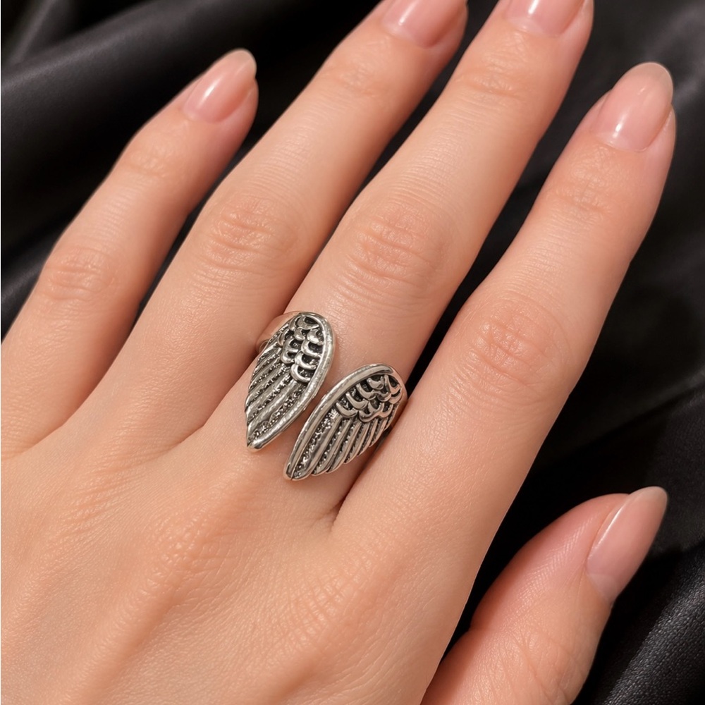 Sterling Silver Angel Wing Adjustable Ring - Silver